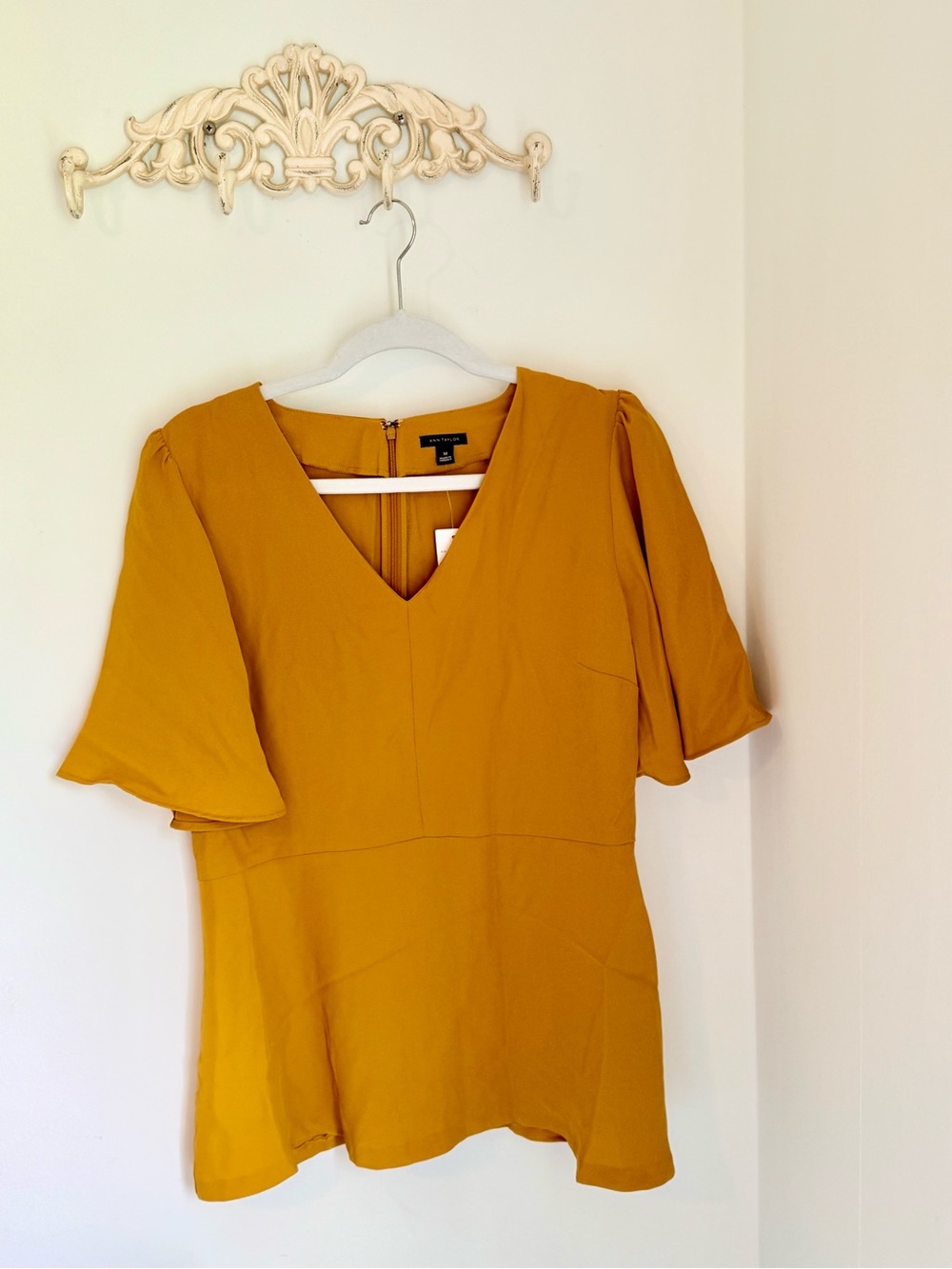 Ann Taylor Mustard V-Neck Midi Dress with Flutter Sleeves